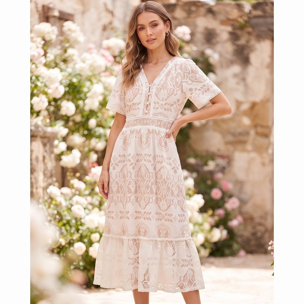Polagram Lace Midi Dress Women S White Peach Good V-Neck Short Sleeve Romantic